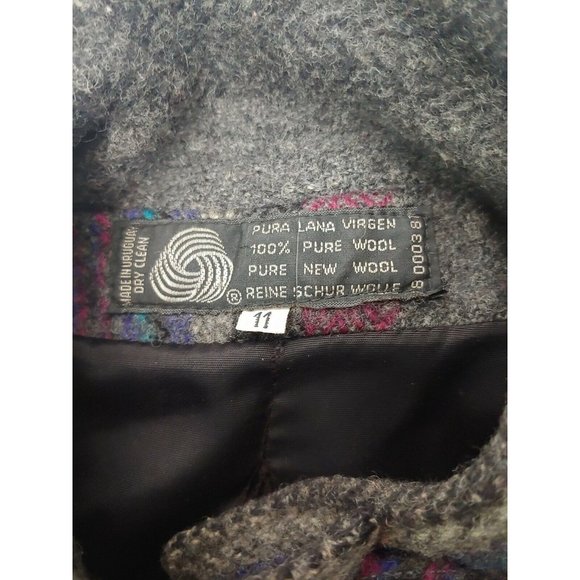 Vintage 1980s Womens 11 Winter Coat Wool Gray Purple Stripe Button Uruguay Mid - Picture 7 of 12